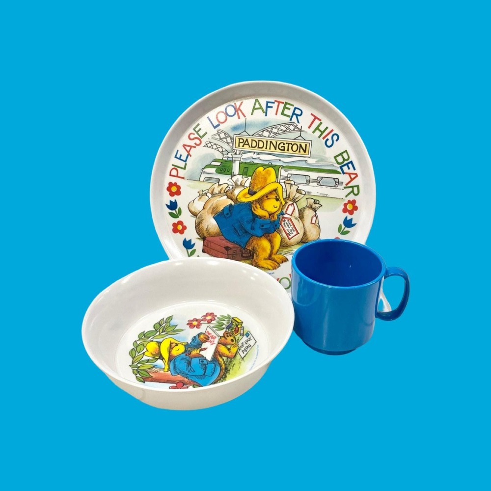 Vintage 1983 Paddington Bear Melamine Plate, Bowl, Cup Set